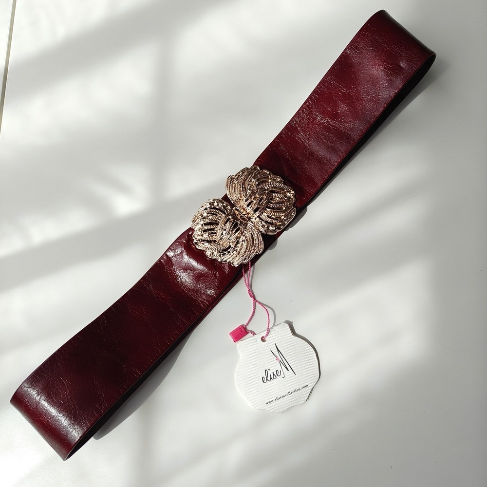 Elise M Bella Wine Burgundy Leather Belts Wide Waist Gold Buckle Size M/L New